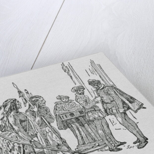 Drawing of Sir Walter Raleigh and Aids with Natives by Anonymous