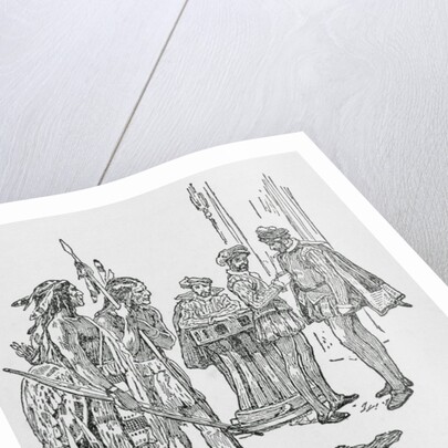 Drawing of Sir Walter Raleigh and Aids with Natives by Anonymous