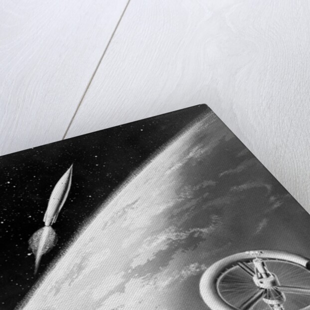 Illustration of a Rocket and Space Station Above Earth by Anonymous