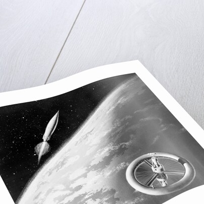 Illustration of a Rocket and Space Station Above Earth by Anonymous