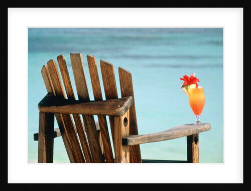 Seychelles, Denis Island, beach chair and fruit cocktail by Anonymous