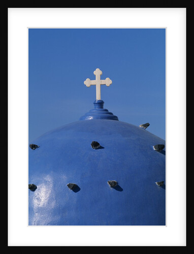 Blue dome of a church with cross on Santorin, Greece by Anonymous