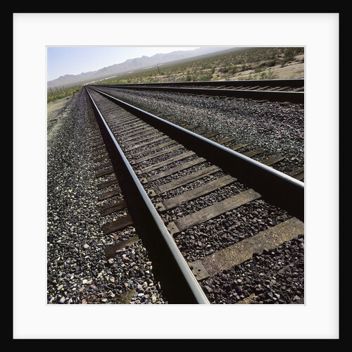 Railroad tracks running through desert setting by Anonymous