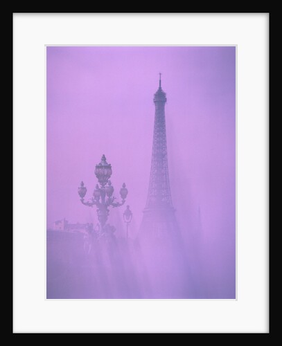 Eiffel tower and candelabra with fog in Paris by Anonymous