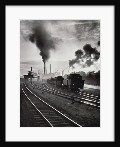 Freight train in front of smoking chimney stacks, nostalgia by Anonymous