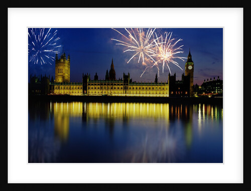 Fireworks exploding over the Houses of Parliament and the river Thames, London, England by Anonymous