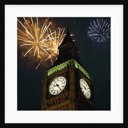 Low angle view of Big Ben, London, England, with fireworks bursting overhead by Anonymous
