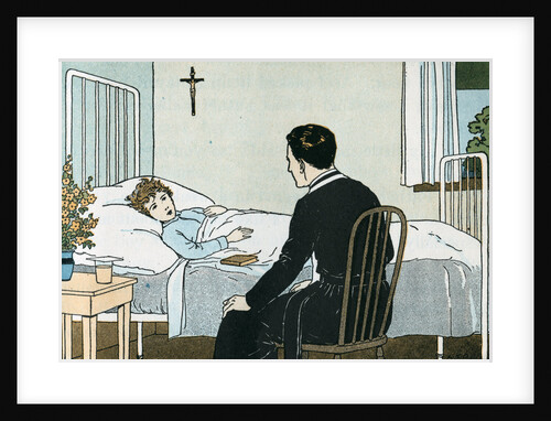 Illustration of a Priest Talking to a Sick Child by L. Kate Deal