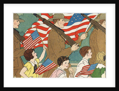 Illustration of Children Marching with Soldiers in a Memorial Day Parade by Anonymous