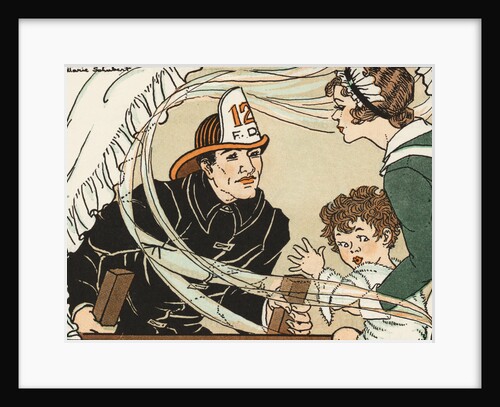 Illustration of a Fireman Rescuing a Woman and Child by Marie Schubert