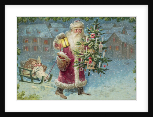 Postcard with Santa Claus Holding a Christmas Tree by Anonymous