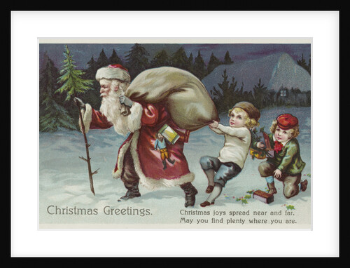 Christmas Greetings Postcard with Santa Claus and Two Children by Anonymous