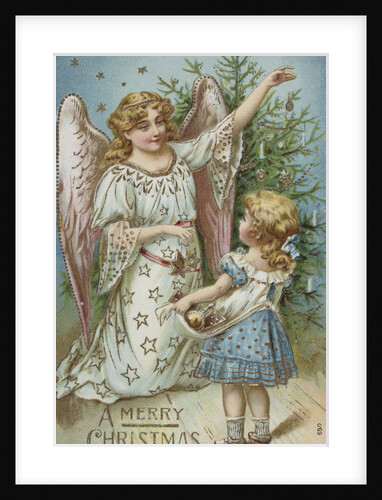 A Merry Christmas Postcard with an Angel and Little Girl by Anonymous