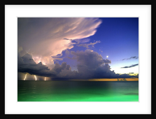Lighting striking over green and blue water by Anonymous