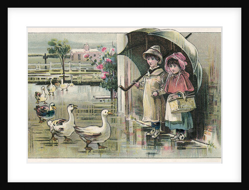 Victorian Postcard of Children Watching Ducks in the Rain by Anonymous