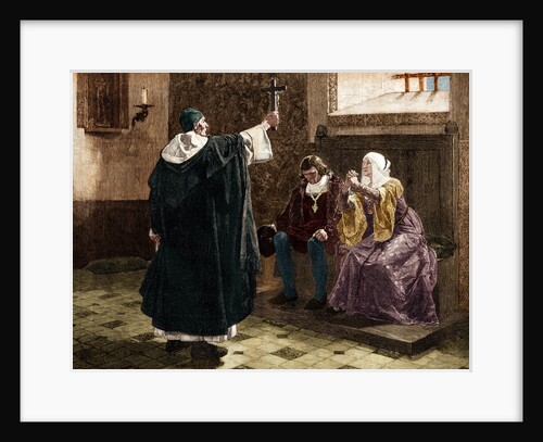 Illustration of Tomas de Torquemada with King Ferdinand II and Queen Isabella by Anonymous