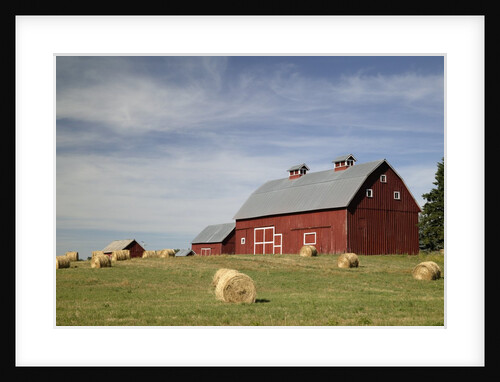 Hay Bales and Red Barn by Anonymous