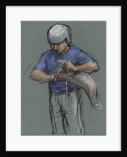 Illustration of a Jai Alai Player Putting on a Cesta by Alexandra Day