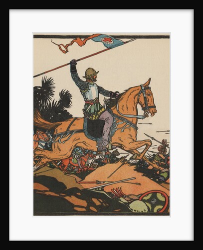 Illustration of Hernando Cortez in Battle by J.L. Kraemer