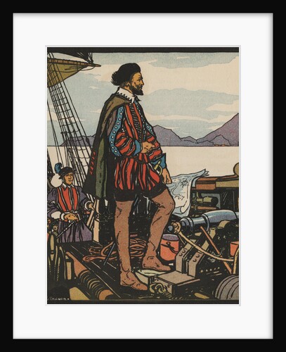 Illustration of Sir Francis Drake on Ship Deck by J.L. Kraemer