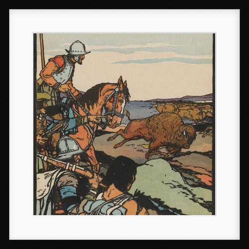 Illustration of Coronado Looking at Bison by J.L. Kraemer