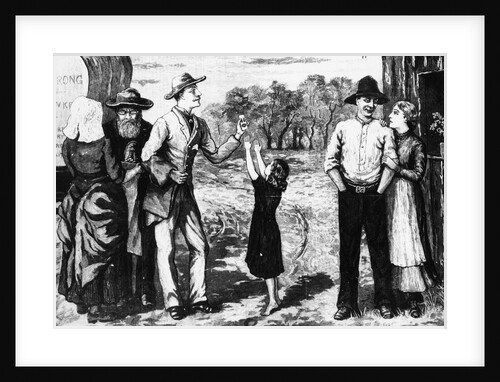 A bush hawker selling an item to a child by Anonymous