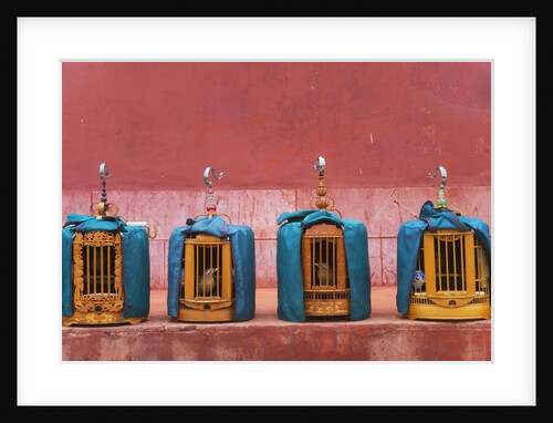 Wooden Bird Cages Against Ancient City Wall by Anonymous