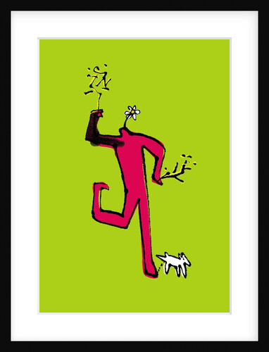 Daisy headed figure walking a dog by Anonymous