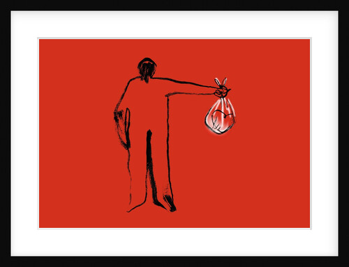 Figure holding a heart in a plastic bag by Anonymous