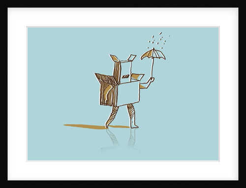 Box man walking through the rain by Anonymous