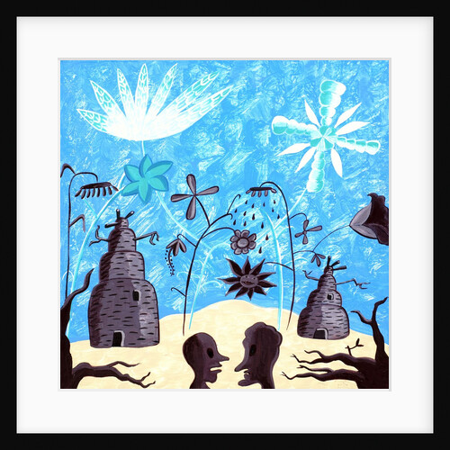 People talking in the foreground of a prehistoric scene by Anonymous