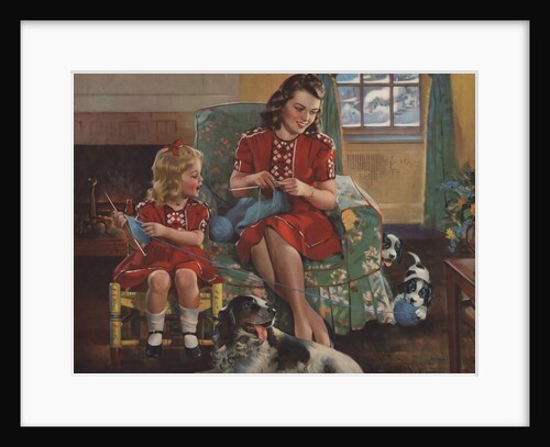 Calendar Illustration of Mother and Daughter Knitting by F. Sands Bruner