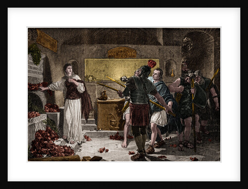 Illustration of Roman Soldiers Discovering a Christian Worshipper in Catacombs by Anonymous