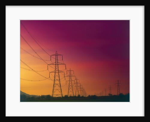 High Voltage Power Transmission Towers at Dusk by Anonymous