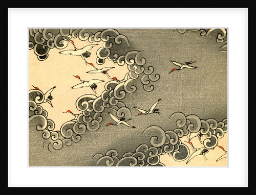 Illustration of Cranes Flying in Grey Clouds by Anonymous