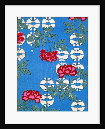Illustration of White Lanterns and Peonies on Blue Background by Anonymous