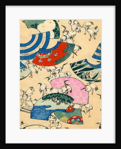 Illustration of Multicolored Fans with Cranes by Anonymous