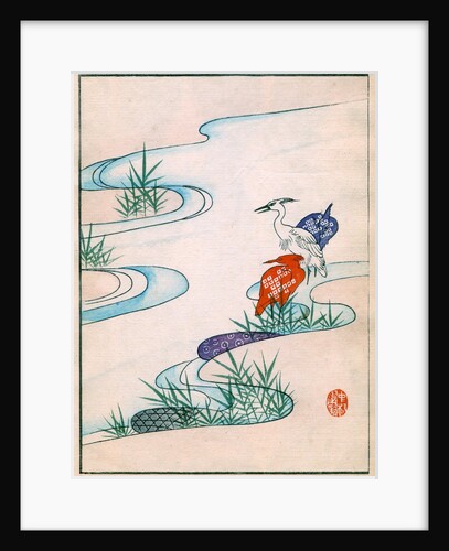 Illustration of River Landscape with Cranes by Anonymous