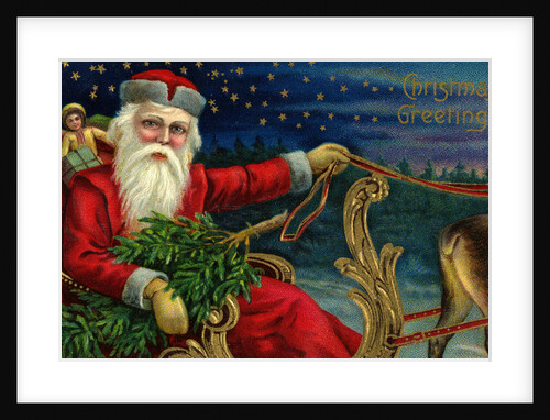 Christmas Greetings Postcard with Santa Claus Holding Reins by Anonymous