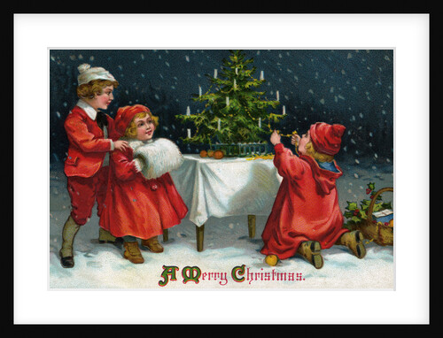 A Merry Christmas Postcard with Children Decorating Christmas Tree by Anonymous