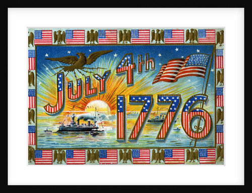 July 4th 1776 Postcard with Military Ships at Sunrise by Anonymous