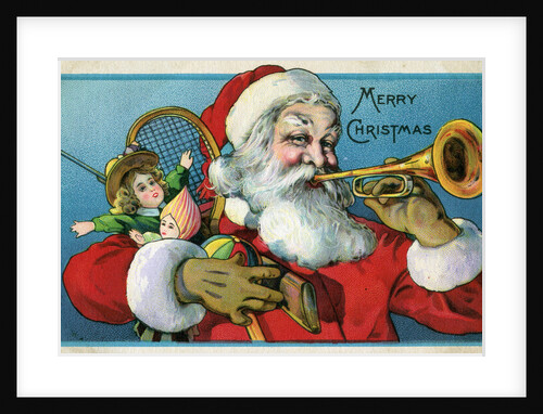 Merry Christmas Postcard with Santa Claus Blowing a Horn by Anonymous