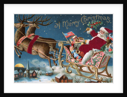 A Merry Christmas Postcard with Santa in His Sleigh by Anonymous