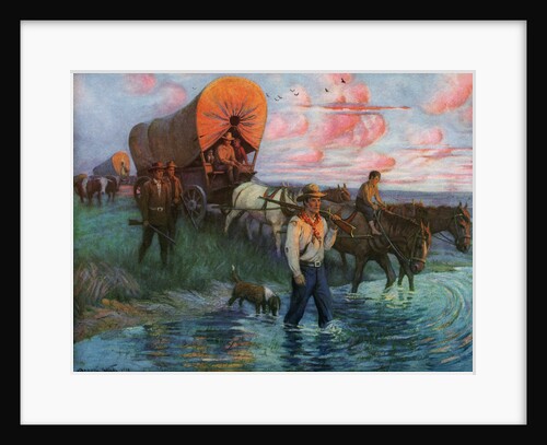 Calendar Illustration of Settlers in Covered Wagons Crossing the Plains by Frank Stick