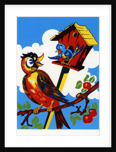 Birds and Birdhouse Broom label by Anonymous