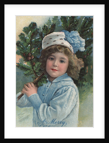 A Merry Christmas Postcard with Girl Holding Pine Bough by Anonymous