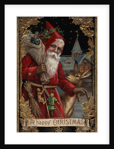 A Happy Christmas Postcard with Santa and Deer by Anonymous