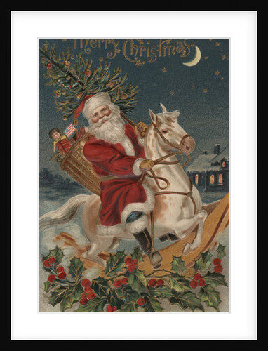 Merry Christmas Postcard with Santa on Rocking Horse by Anonymous