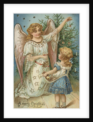 A Merry Christmas Postcard with Angel and Little Girl by Anonymous