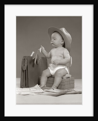 1950s Baby Businessman In Diaper With Hat Briefcase Salesman Samples Paperwork by Anonymous